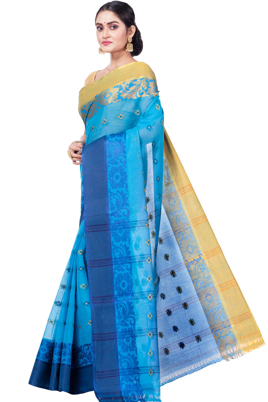 Blue Pure Cotton Ganga Jamuna_Latapar Tant Saree (652)